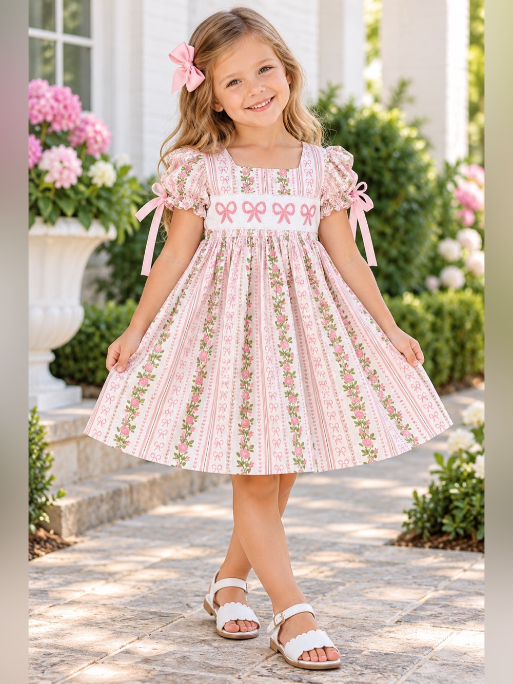 The Smocked Flamingo Boutique Smocked Fancy Floral Bow Pique Dress NWT